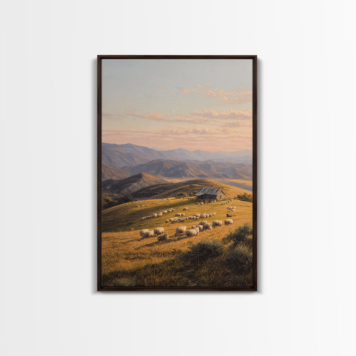 Golden Pastoral Sheep Field Landscape Wall Art Canvas Print Large Rustic Home Decor Countryside Painting Original Art