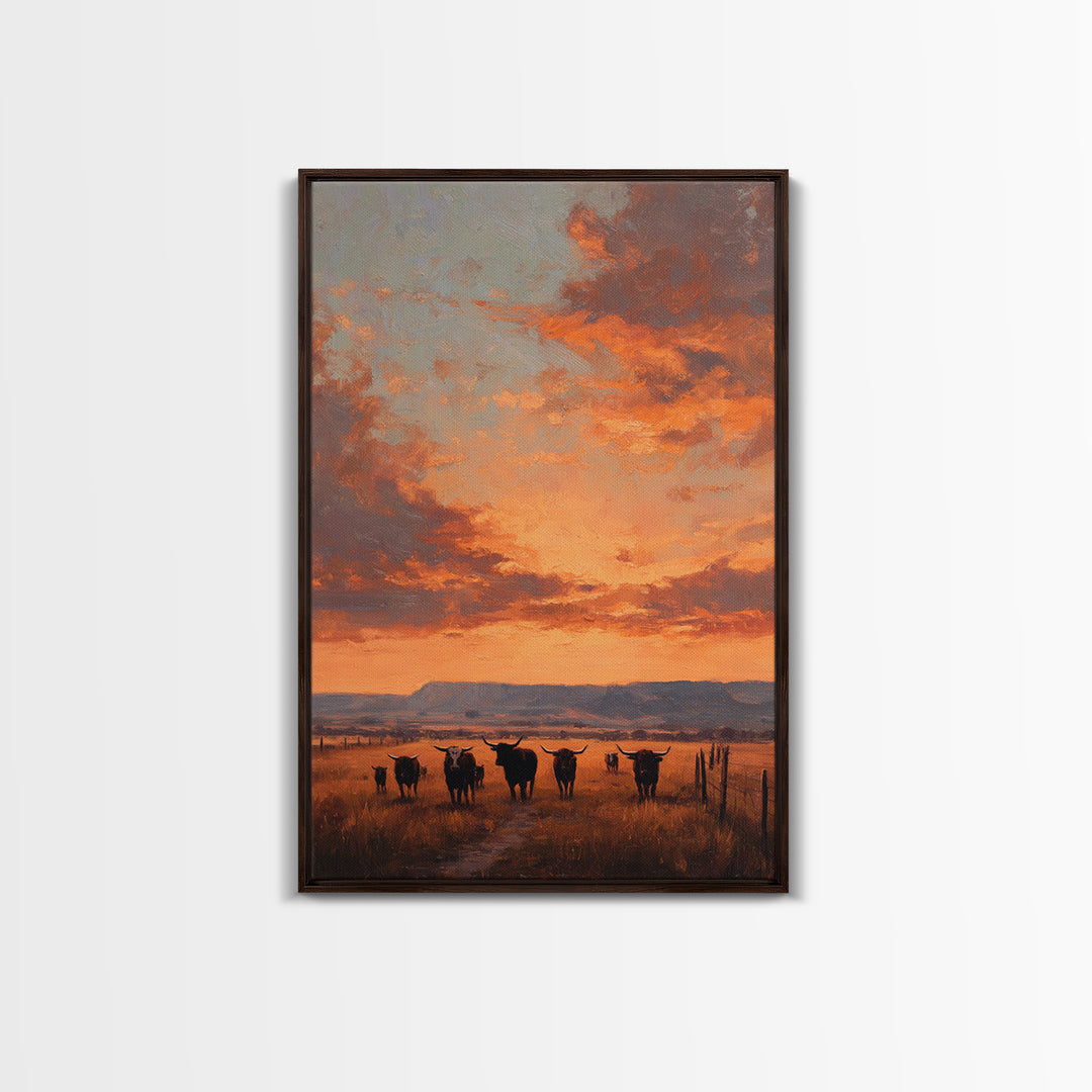 Rustic Western Sunset Landscape Painting With Longhorn Cows Framed Canvas Print For Country Home Decor And Farmhouse Wall Art