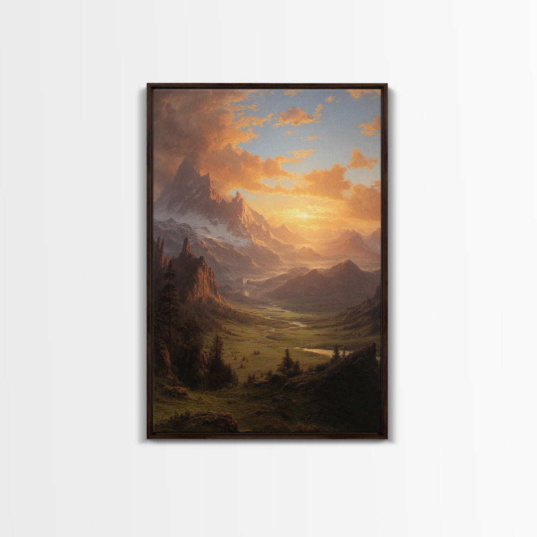 Romantic Mountain Valley Landscape Painting At Sunset Wall Art Print For Living Room Decor Framed Canvas Print Nature Home Decor