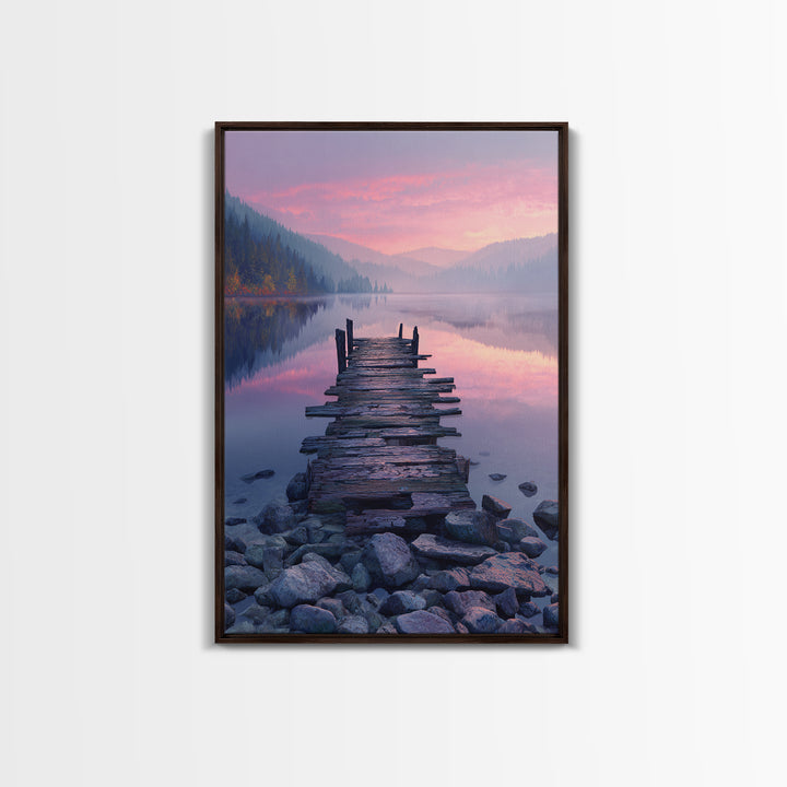 Peaceful Lakeside Dock Sunset Landscape Wall Art Canvas Print Serene Nature Wall Decor