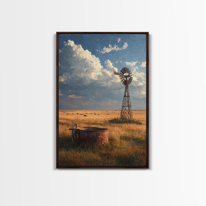 Rustic Windmill Landscape With Golden Fields Under Cloudy Sky - Large Wall Art Canvas Print Rustic Home Decor