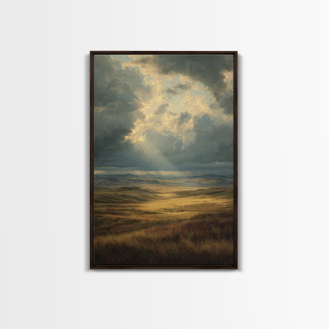 Magnificent Sunbeam Over Vast Meadow Landscape Painting Wall Art Large Canvas Print For Rustic And Farmhouse Decor