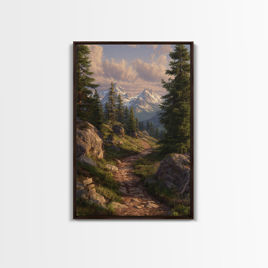 Cozy Sunrise Mountain Trail Landscape Canvas Print Rustic Wall Art With Sunlit Pines And Rocks For Cabin Or Living Room Decor