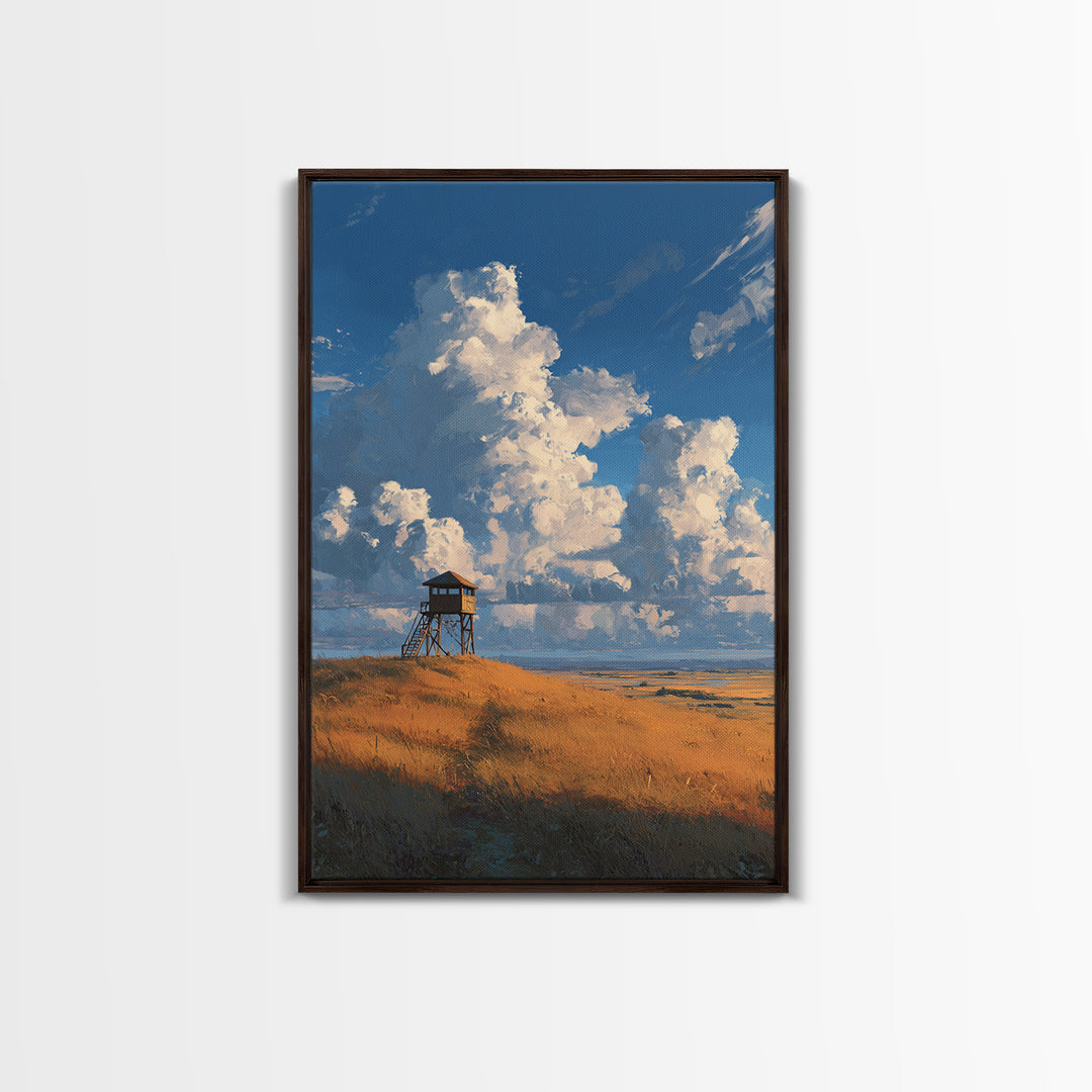 Blue Sky With Clouds Over Rustic Watchtower In Field Landscape Wall Art Original Canvas Print