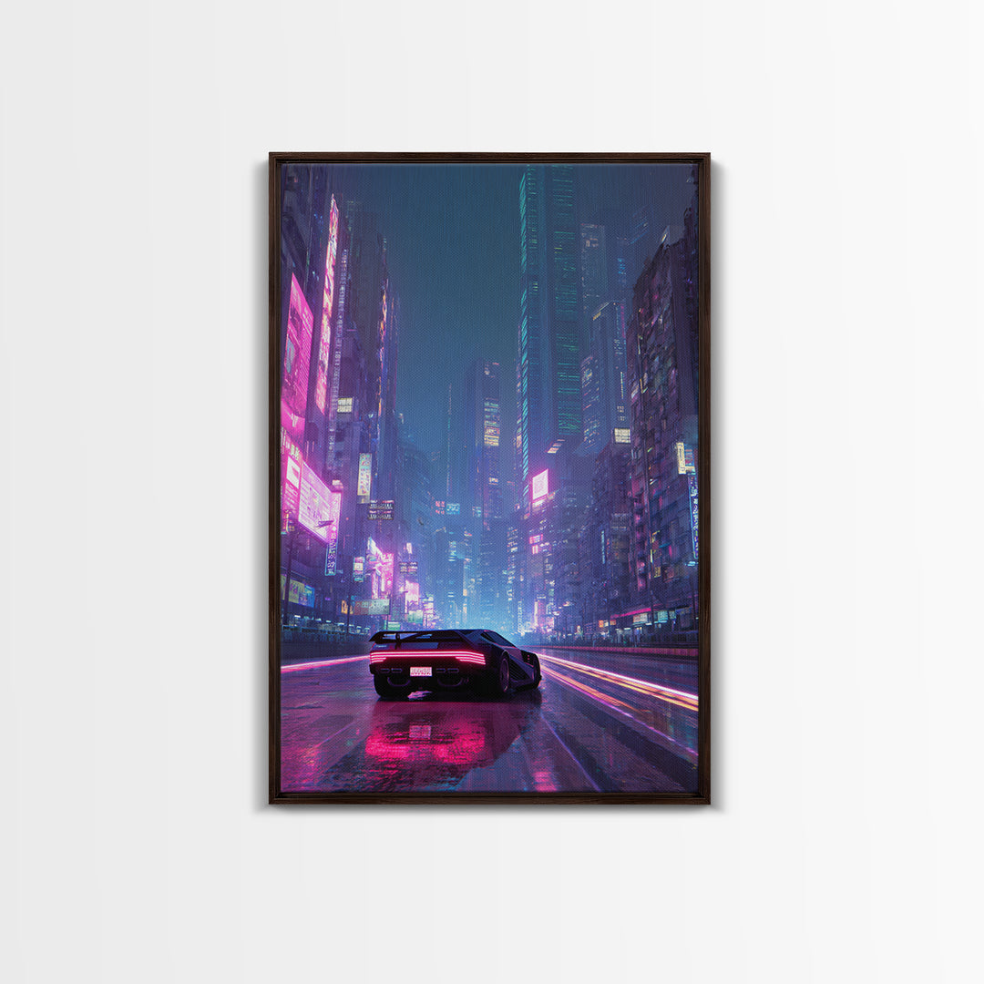 Futuristic Cyberpunk Car Racing Through Neon Lit Rainy City Streets Canvas Print For Trendy Wall Art