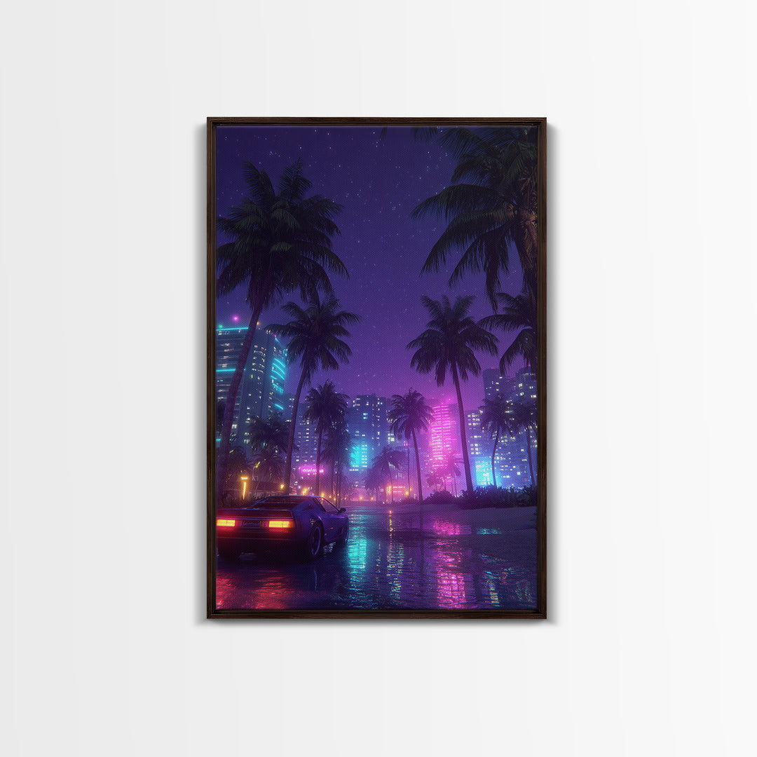 Neon Cityscape With Palm Trees And Retro Sports Car Large Wall Art Framed Canvas Print Vibrant Modern Home Decor