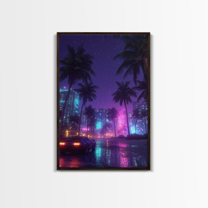 Neon Cityscape With Palm Trees And Retro Sports Car Large Wall Art Framed Canvas Print Vibrant Modern Home Decor