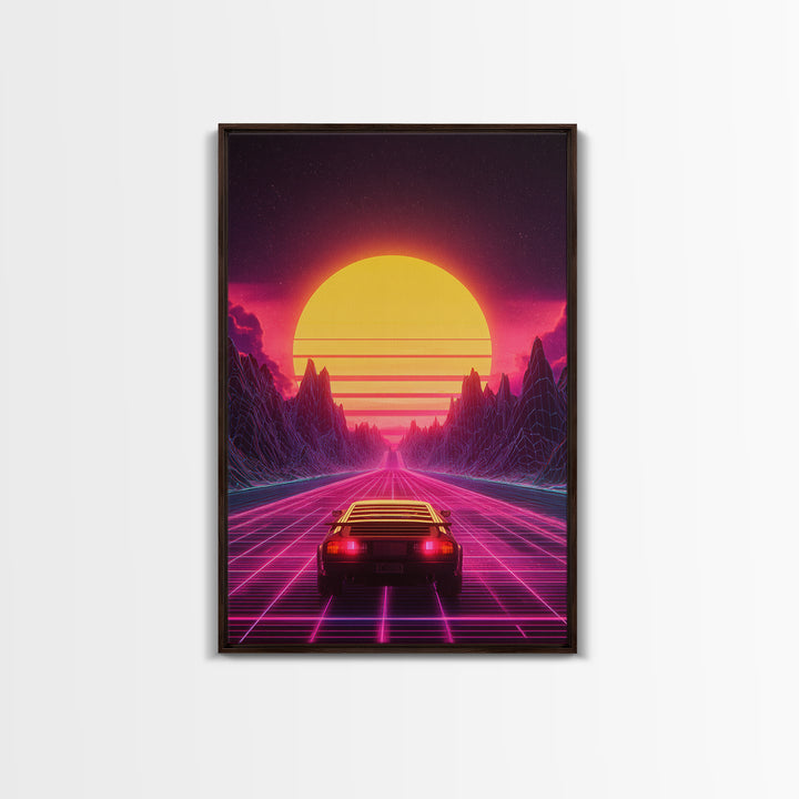 Retro Futuristic Neon Sunset Landscape With Car Driving On Road Wall Art Canvas Print Modern Home Decor For Living Room