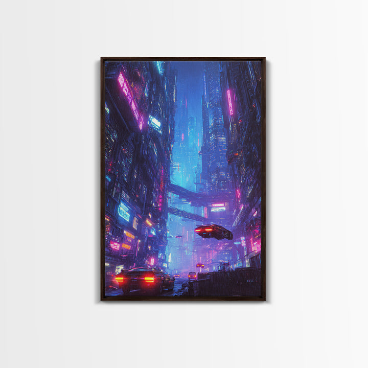 Cyberpunk Cityscape Night Scene Neon Lights Digital Wall Art Framed Canvas Print for Modern Home Decor