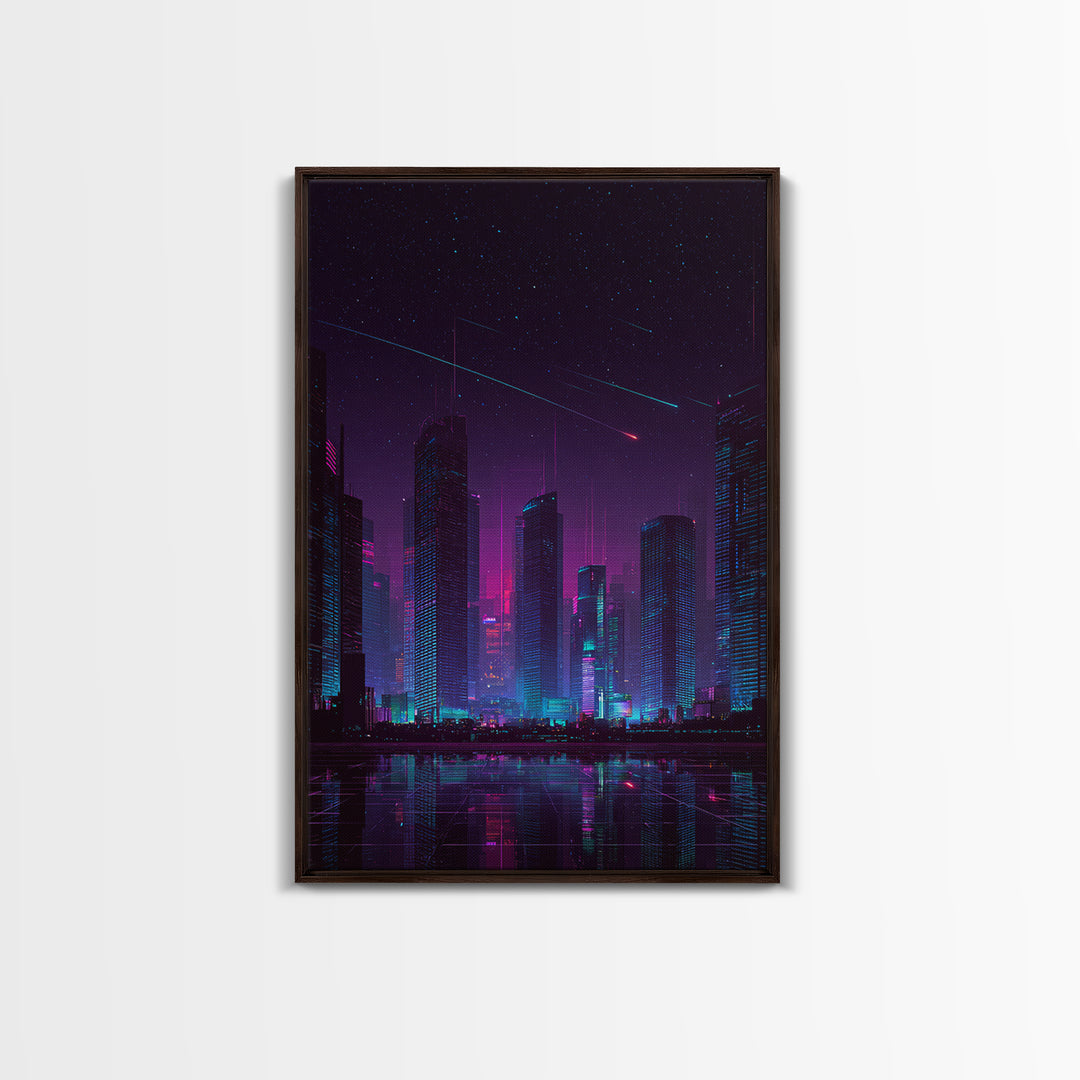 Cyberpunk Neon Cityscape Night Scene With Reflective Water And Shooting Stars Modern Wall Art For Office And Living Room Canvas Print