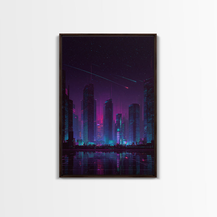 Cyberpunk Neon Cityscape Night Scene With Reflective Water And Shooting Stars Modern Wall Art For Office And Living Room Canvas Print
