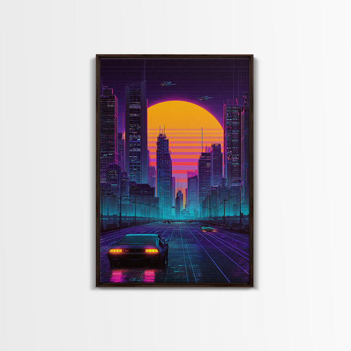 Futuristic Cityscape Digital Artwork With Neon Lights And Retro Sunset Beautiful Contemporary Wall Art Print For Office Decor