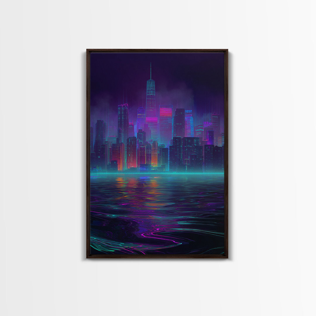 Neon Cyberpunk Cityscape With Reflections Futuristic Digital Wall Art Framed Canvas Print