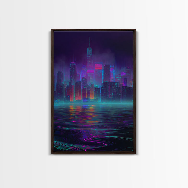 Neon Cyberpunk Cityscape With Reflections Futuristic Digital Wall Art Framed Canvas Print