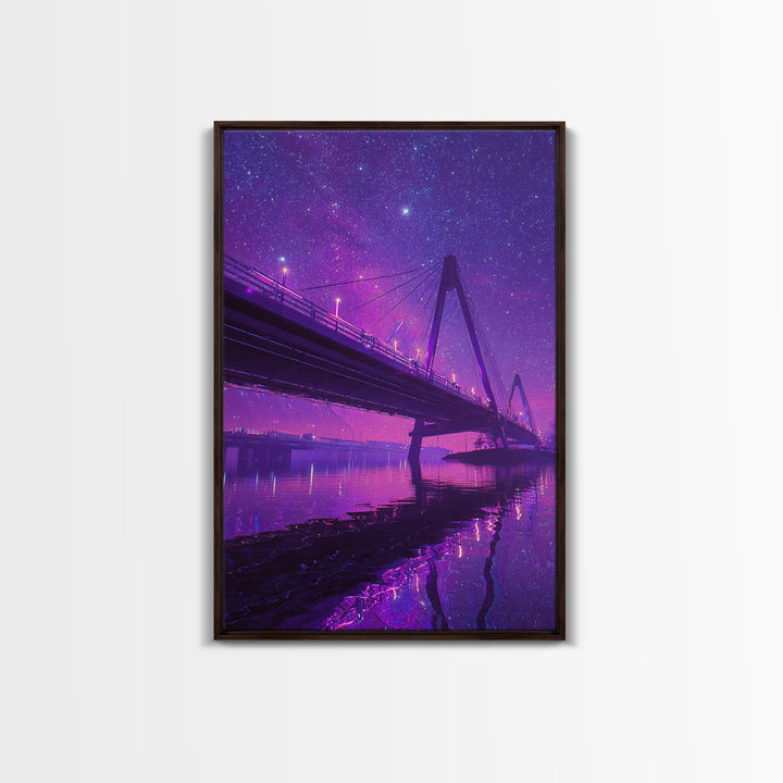 Digital 80s Style Neon Mountain Landscape With Purple Glowing River Wall Art Framed Canvas Print For Retro Modern Home Decor