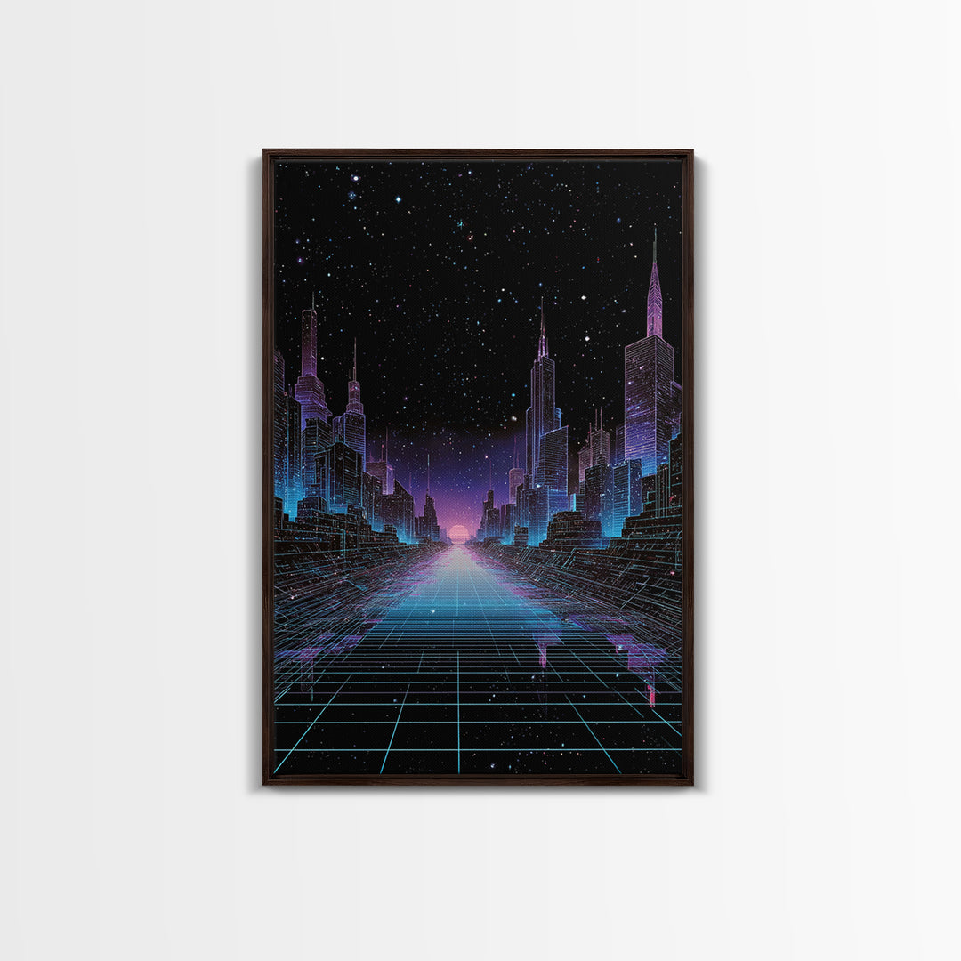 Futuristic Neon Cyberpunk City Nightscape Digital Art Wall Art Canvas Print Modern Urban Decor Aesthetic Gaming Room