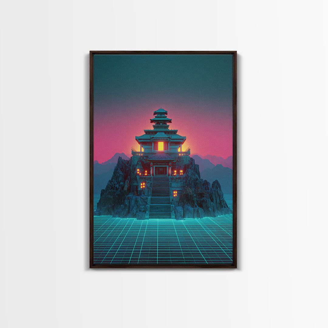 Futuristic Cyberpunk Japanese Temple Digital Artwork Wall Art Vibrant Canvas Print Perfect For Modern Home Decor