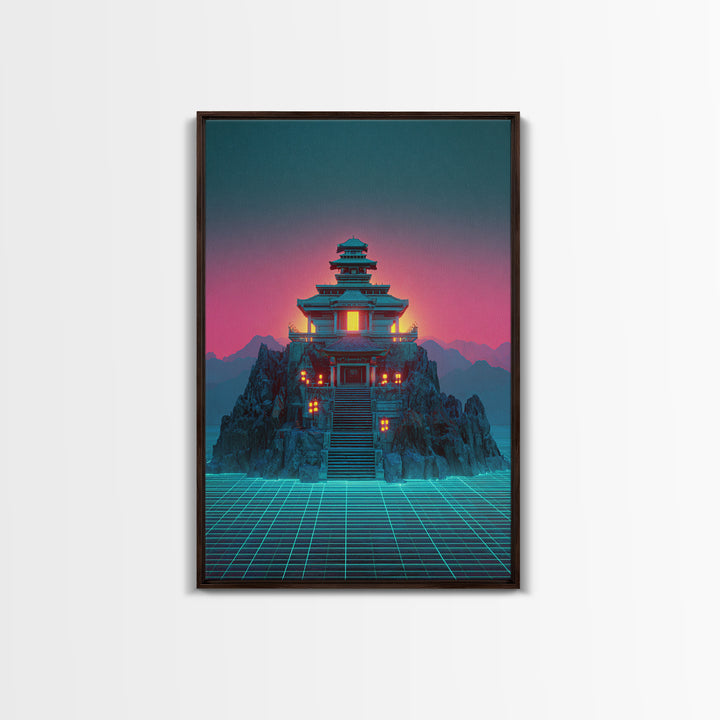 Futuristic Cyberpunk Japanese Temple Digital Artwork Wall Art Vibrant Canvas Print Perfect For Modern Home Decor