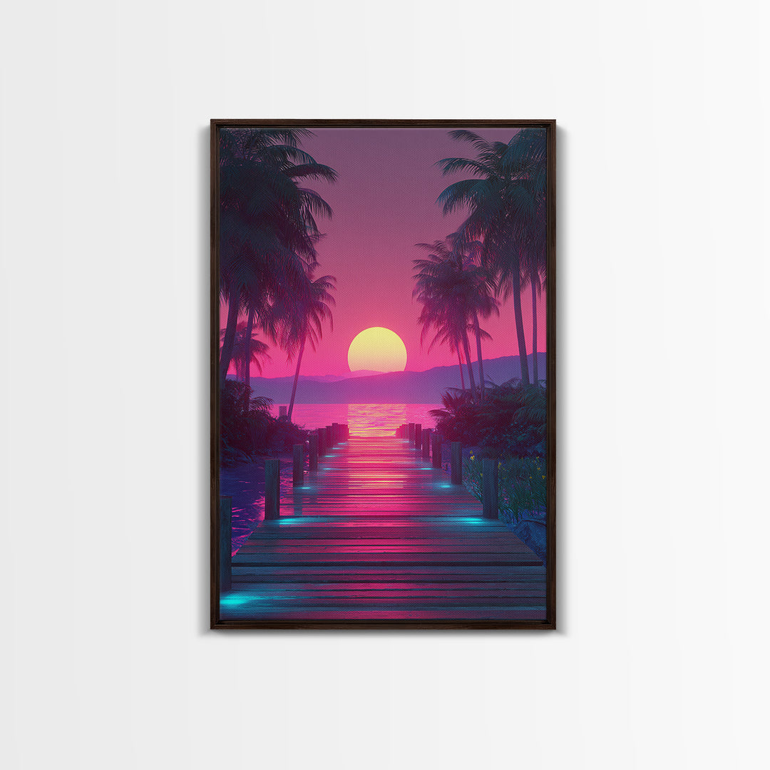 Retro Futuristic Neon Pink Sunset Over Waterfront Pier With Palm Trees Wall Art Framed Canvas Print For Vibrant Home Decor