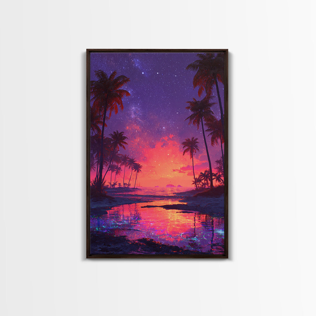 Vibrant Tropical Beach Sunset With Starry Sky Landscape Wall Art For Home Decor Framed Canvas Print
