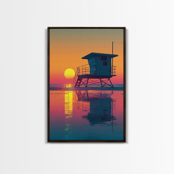 Sunset Beach Scene With Lifeguard Tower Reflecting On Water Modern Wall Art Digital Canvas Print