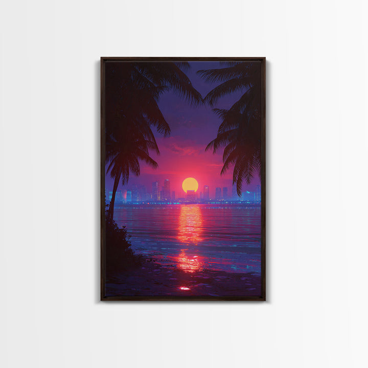 Retrowave Neon Sunset Cityscape Wall Art Canvas Print Modern Wall Art Miami Home Decor