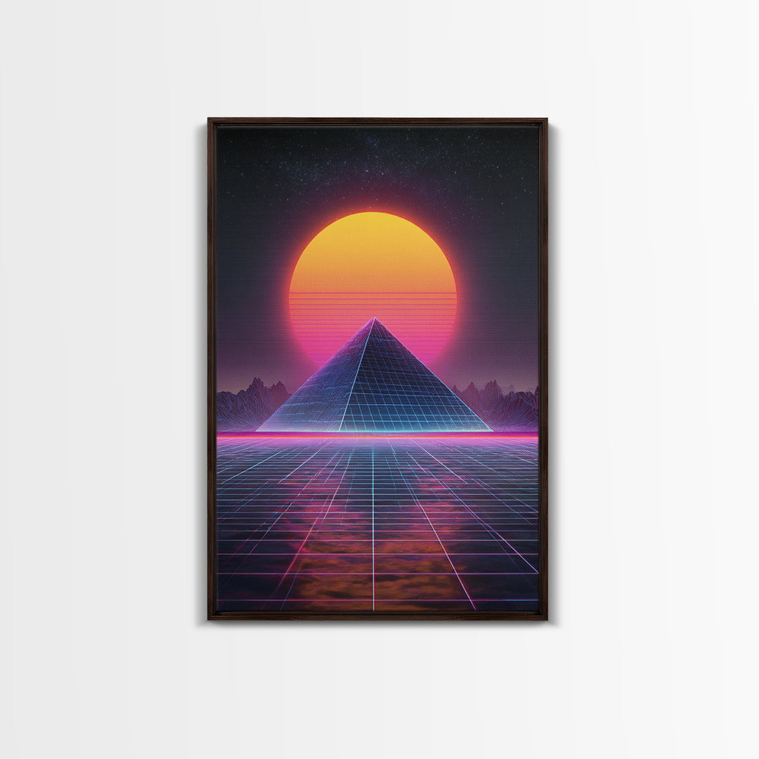 Retro Futuristic Neon Pyramid Digital Artwork Wall Art Framed Canvas Print For Sci Fi Bedroom Decor Modern Tech Art Gift