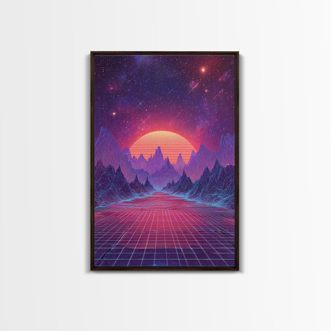 Surreal Futuristic Mountain Sunset Digital Canvas Print, Neon Grid Landscape Wall Art, Sci-Fi Inspired Modern Decor
