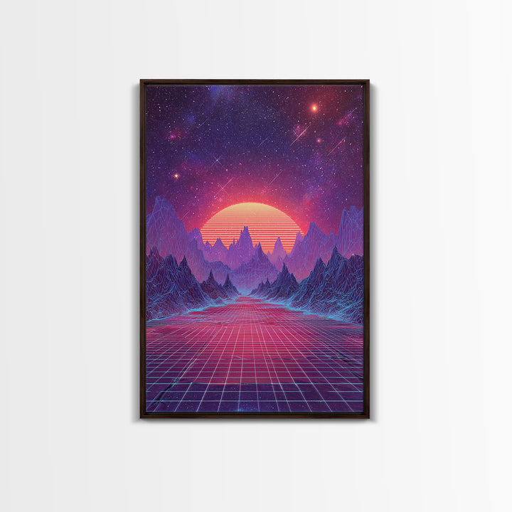Surreal Futuristic Mountain Sunset Digital Canvas Print, Neon Grid Landscape Wall Art, Sci-Fi Inspired Modern Decor