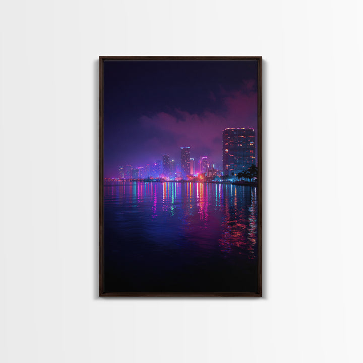 Miami City Lights Neon Reflection At Night Urban Wall Art Modern Canvas Print For Office Decor And Living Room