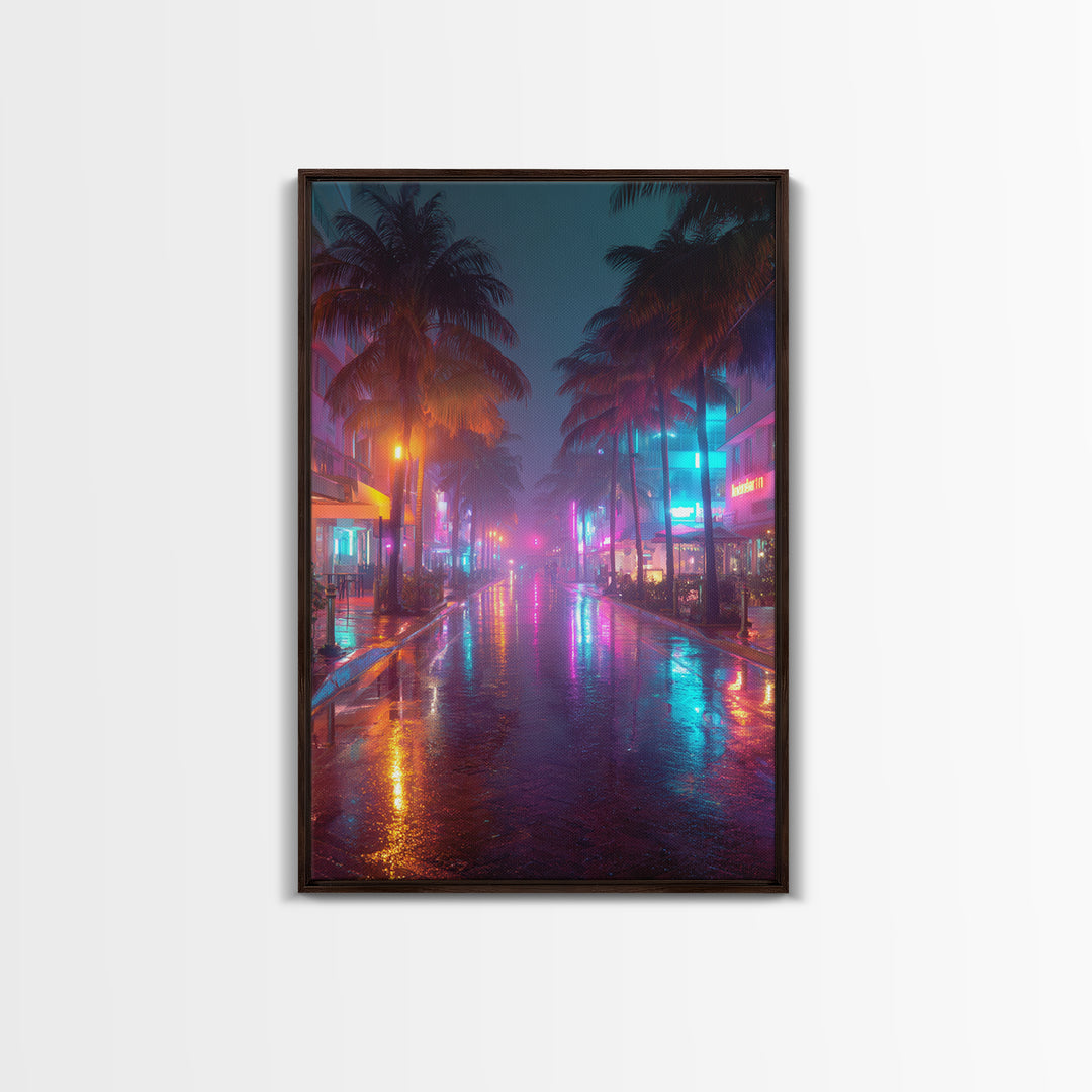 Wet Neon City Street At Night Rainfall Reflection Wall Art Modern Canvas Print For Bedroom And Living Room Decor