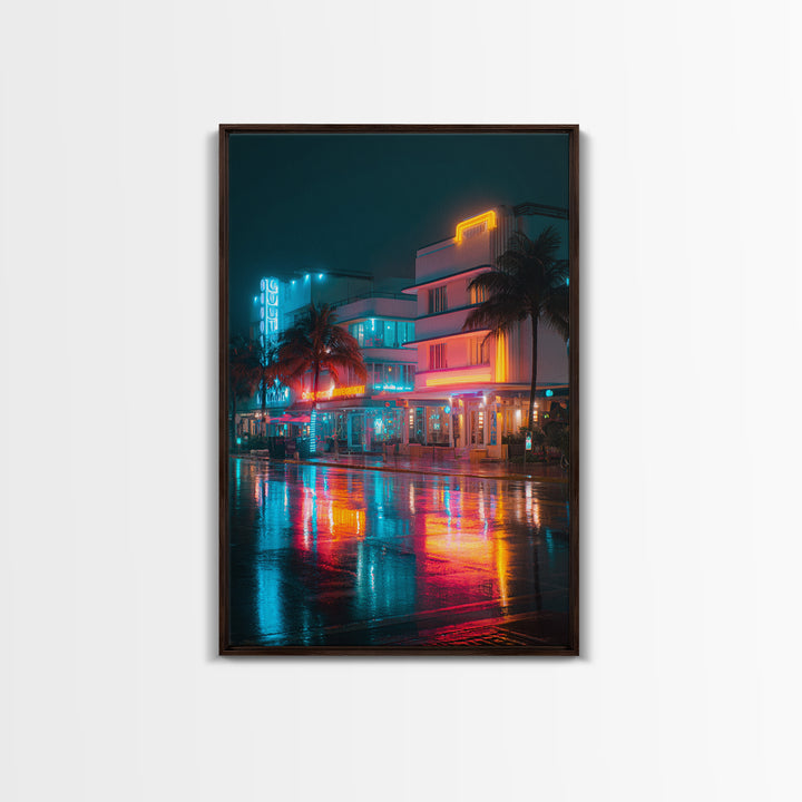 Neon City Night Scene With Palm Trees And Vibrant Lights Ultra Modern Wall Art Framed Canvas Print For Urban Home Decor