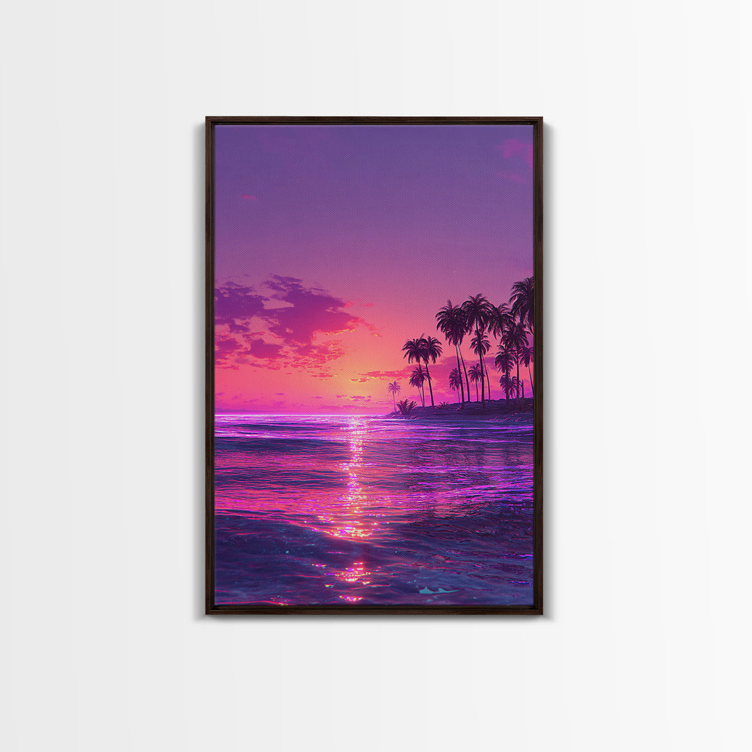 Vibrant Neon Pink And Purple Tropical Sunset With Palm Trees Coastal Wall Art Canvas Print For Modern Beach Decor