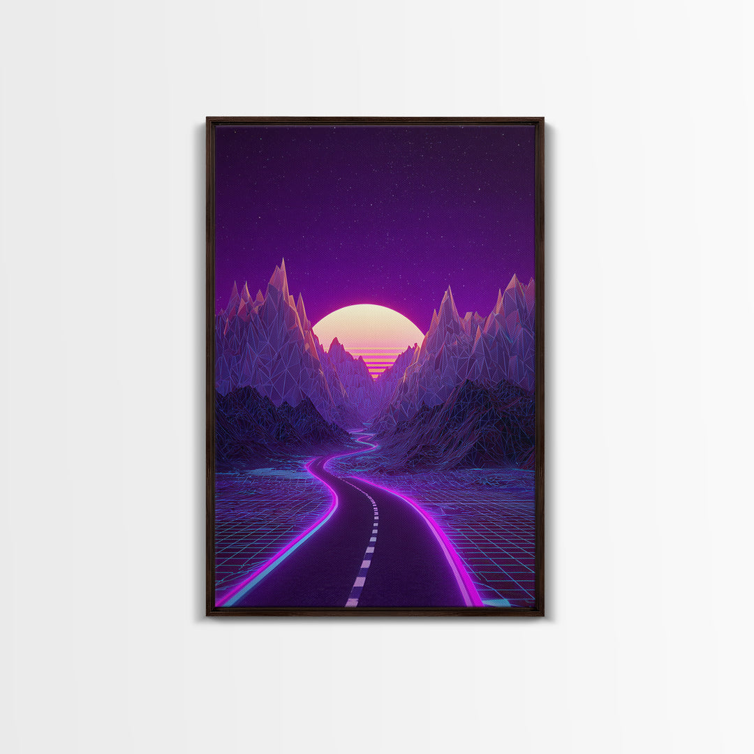 Cyberpunk Cityscape At Night With Purple Neon Lights Reflecting On Water Modern Wall Art Framed Canvas Print For Trendy Decor