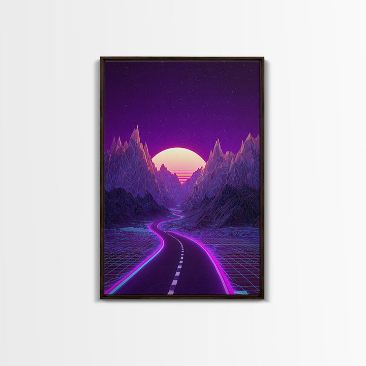 Cyberpunk Cityscape At Night With Purple Neon Lights Reflecting On Water Modern Wall Art Framed Canvas Print For Trendy Decor
