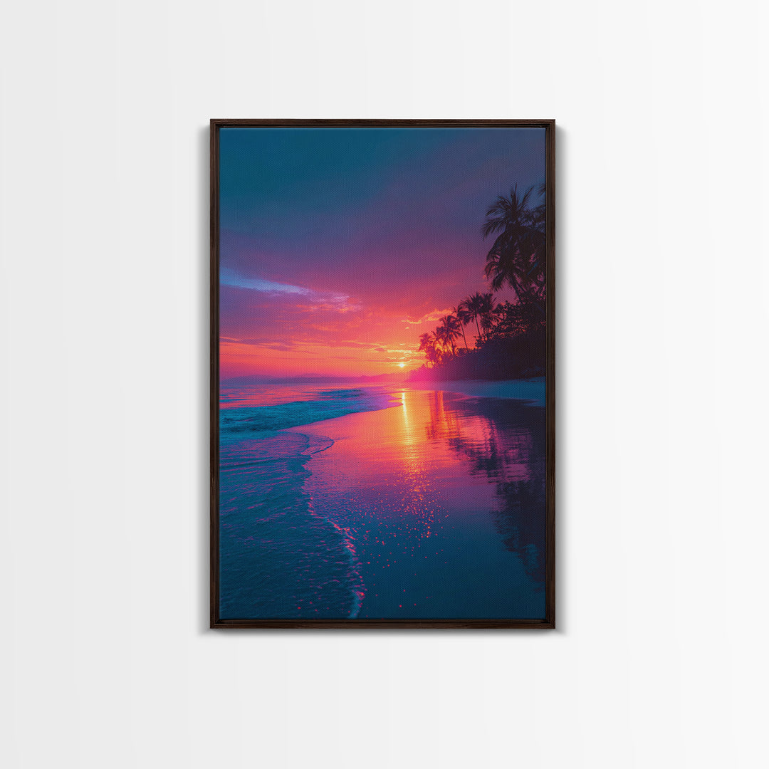 Colorful Tropical Beach Sunset With Palm Trees Vibrant Landscape Wall Art Modern Framed Canvas Print Coastal Home Decor