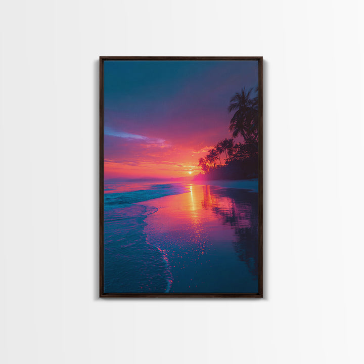 Colorful Tropical Beach Sunset With Palm Trees Vibrant Landscape Wall Art Modern Framed Canvas Print Coastal Home Decor