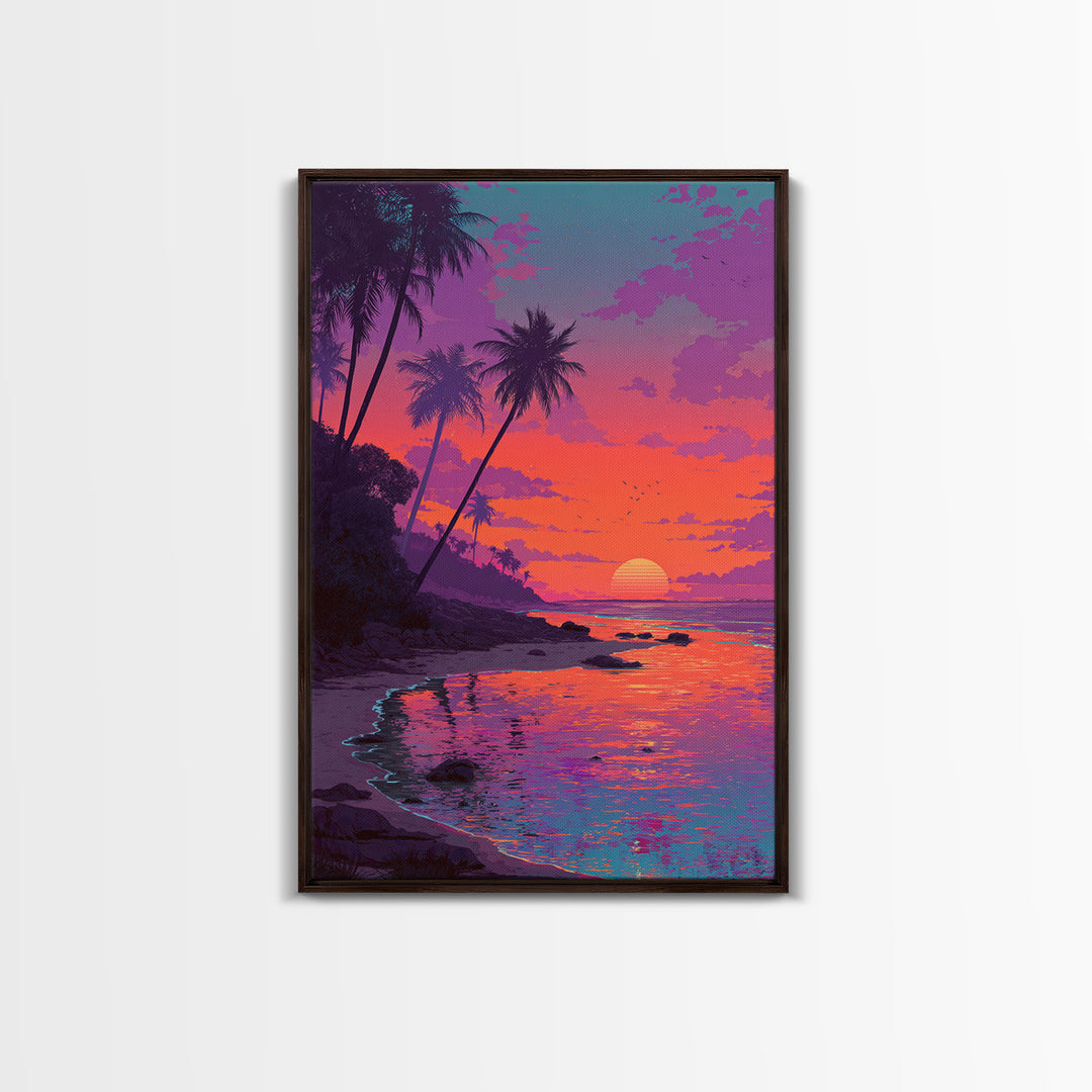 Colorful Tropical Sunset Beach With Palm Trees Reflecting In Water Vibrant Wall Art Canvas Print