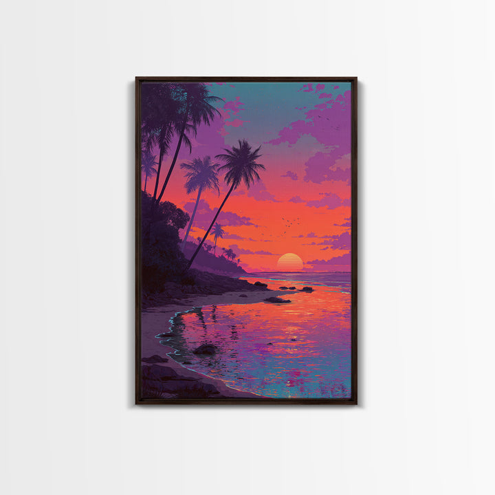 Colorful Tropical Sunset Beach With Palm Trees Reflecting In Water Vibrant Wall Art Canvas Print