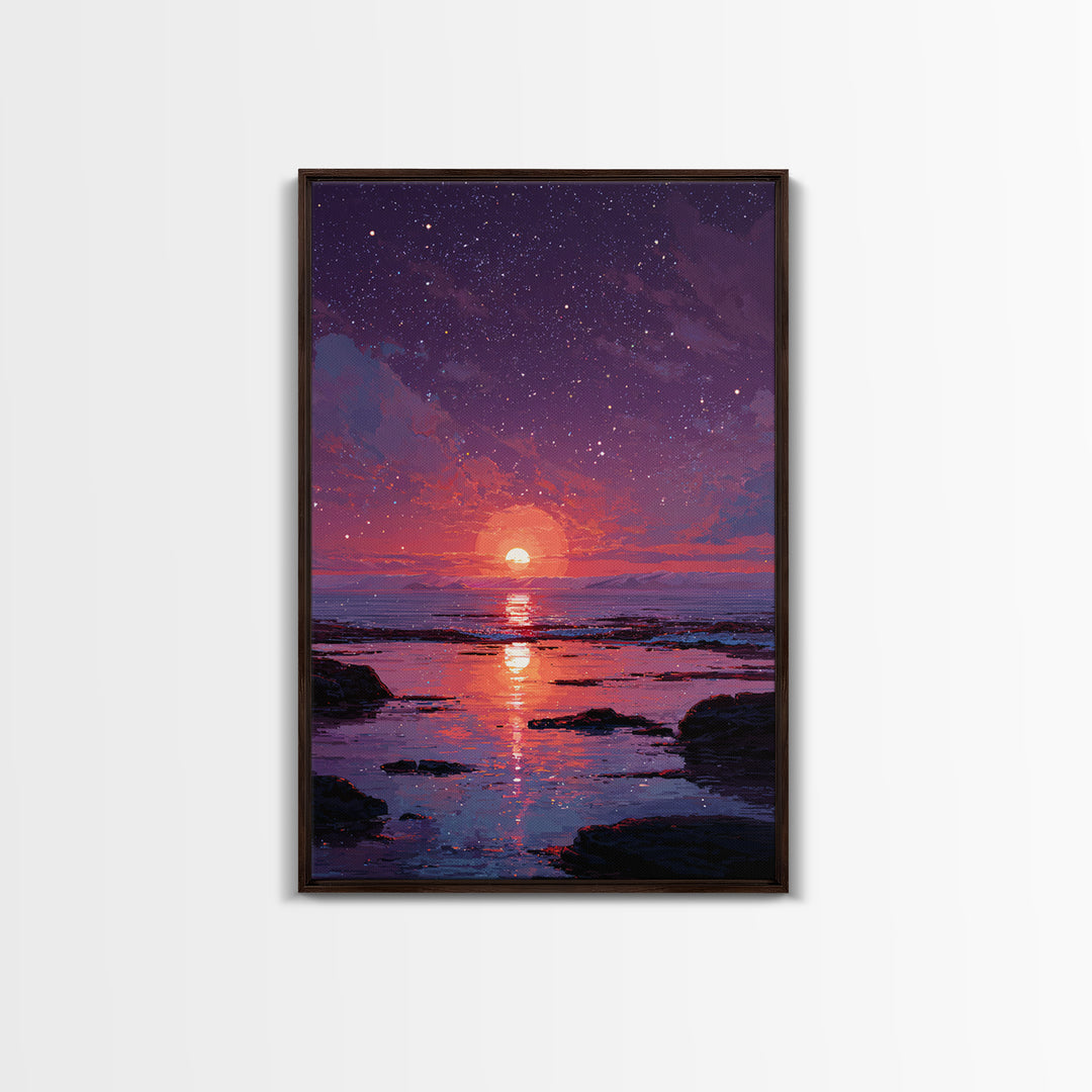 Stunning Starry Night Ocean Sunset Digital Painting Colorful Wall Art Canvas Print Modern Coastal Decor