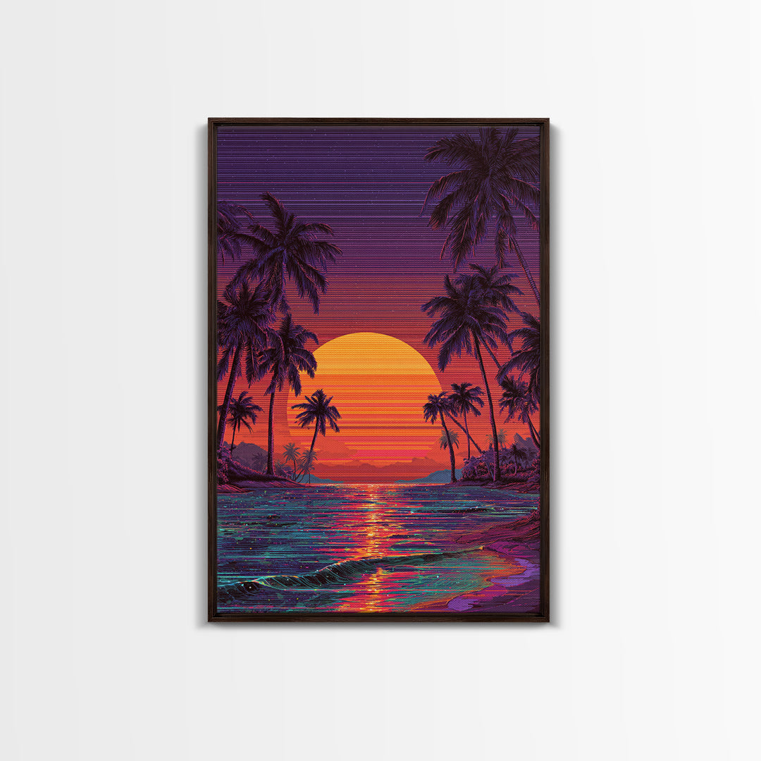 Vibrant Retro Sunset Beach Scene Canvas Print Featuring Palm Trees And Ocean Waves Colorful Coastal Wall Art Home Decor