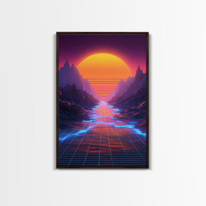 Retro Synthwave Landscape With Neon Grid Road And Large Sun Wall Art Canvas Print For Modern Living Room Decor