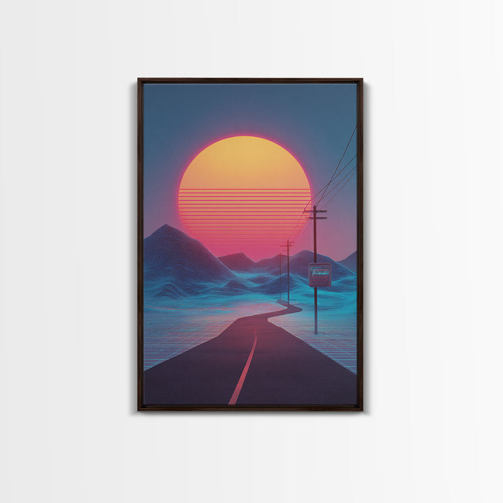 Synthwave Landscape With Electric Colors Neon Sun And Grid Mountains Digital Wall Art Canvas Print