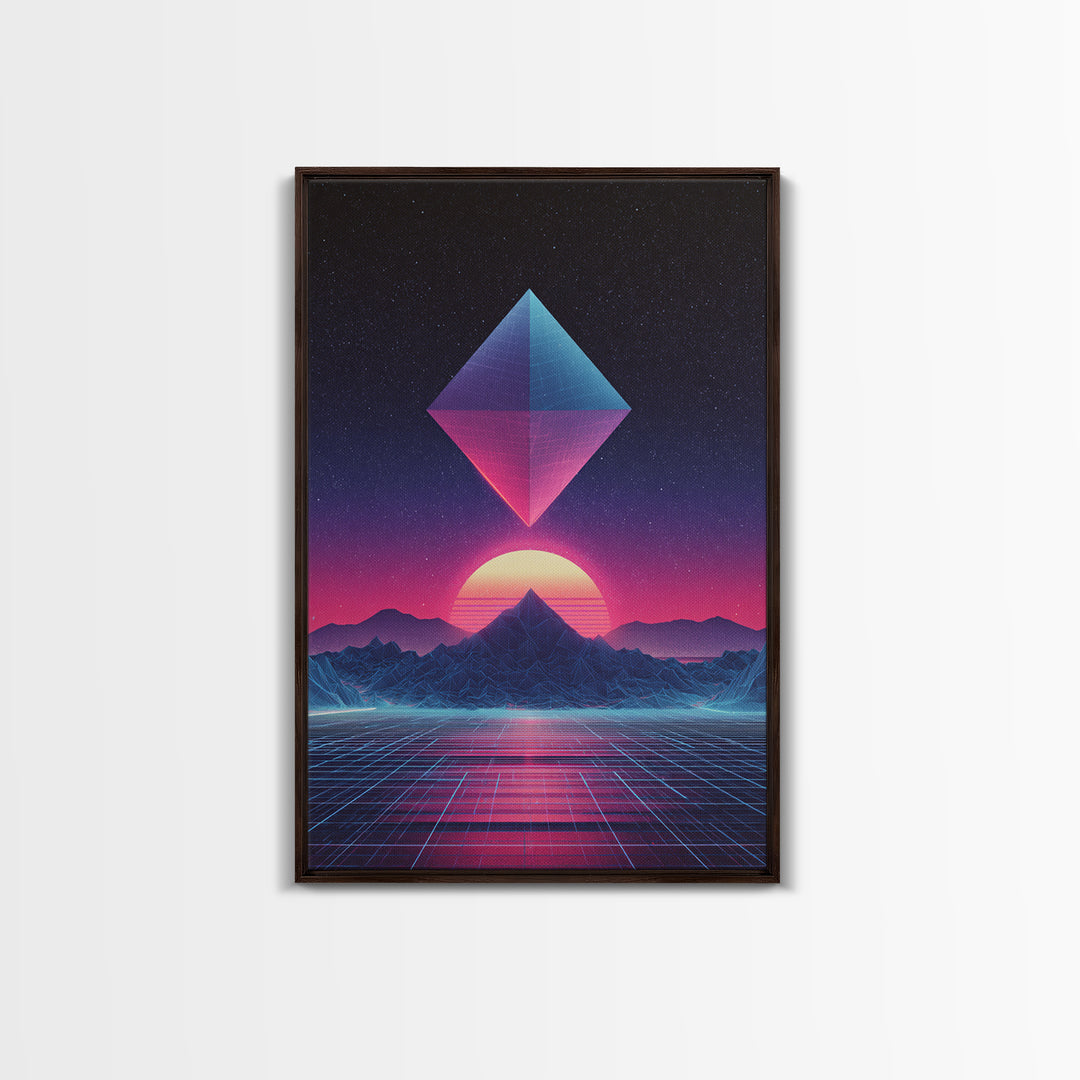 Futuristic Neon Pyramid Sunset Scene Wall Art Featuring Geometric Mountains With A Vibrant Canvas Print