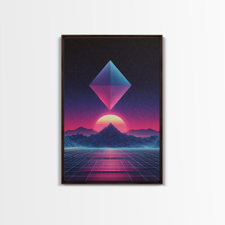 Futuristic Neon Pyramid Sunset Scene Wall Art Featuring Geometric Mountains With A Vibrant Canvas Print