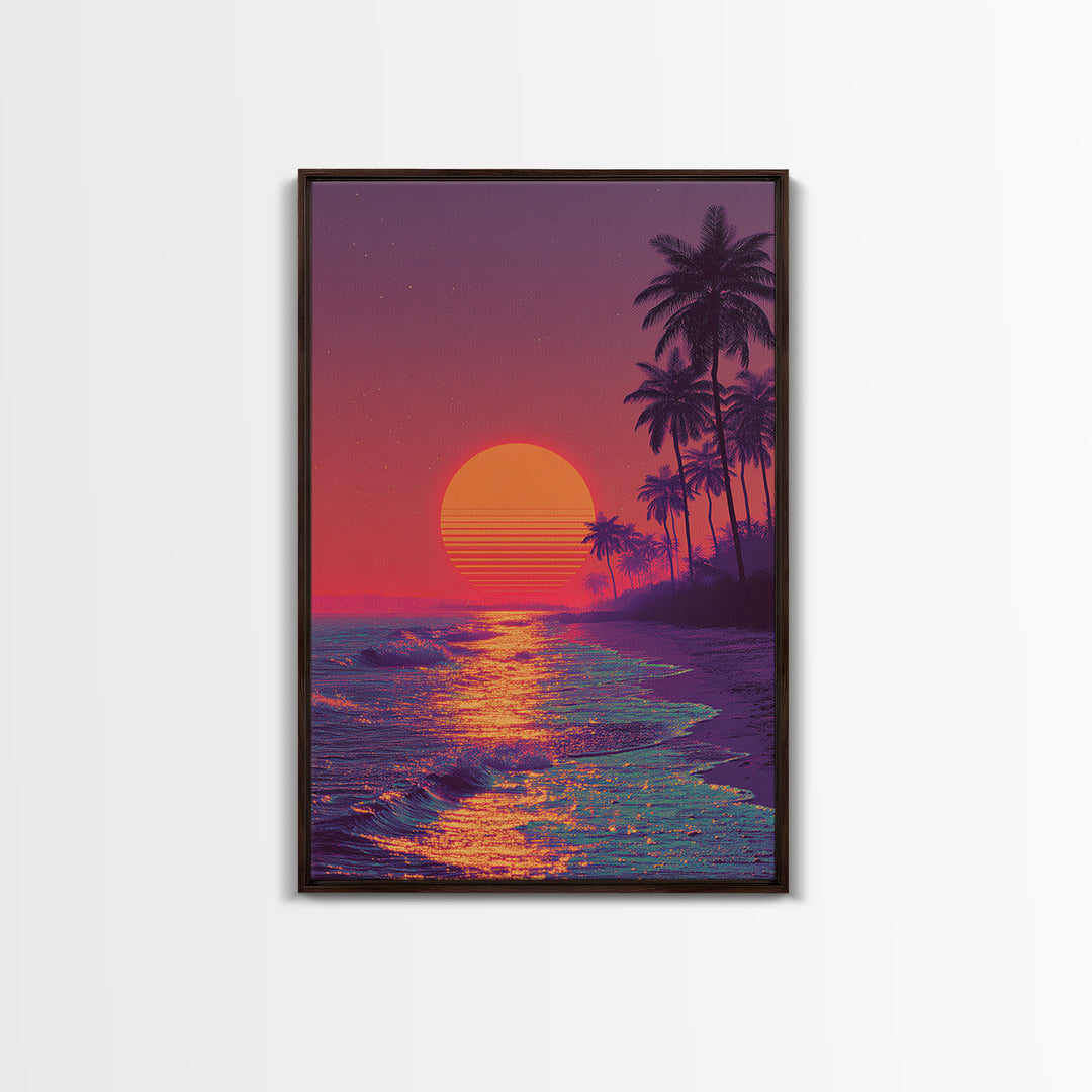 Vibrant Neon Sunset Over Tropical Beach With Palm Trees Wall Art For Modern Home Decor And Living Room Canvas Print