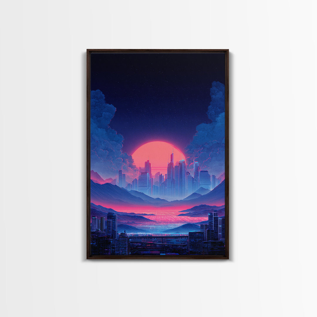 Futuristic Vibrant Neon Cityscape Digital Artwork Cyberpunk Sunset Modern Wall Art Large Framed Canvas Print