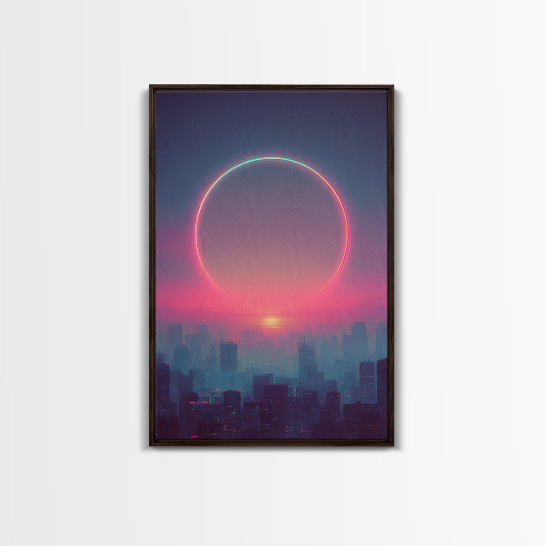 Mystical City Sunset With Crescent Neon Ring Over Buildings Framed Canvas Print For Futuristic Wall Art And Modern Decor