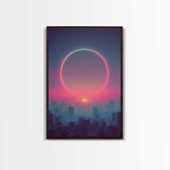 Mystical City Sunset With Crescent Neon Ring Over Buildings Framed Canvas Print For Futuristic Wall Art And Modern Decor
