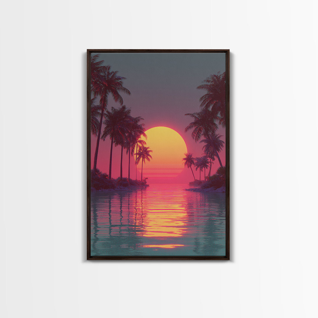 Retro Futuristic Vibrant Palm Trees Sunset With Neon Pink Sky Canvas Print Tropical Wall Art Coastal Decor Modern Wall Art